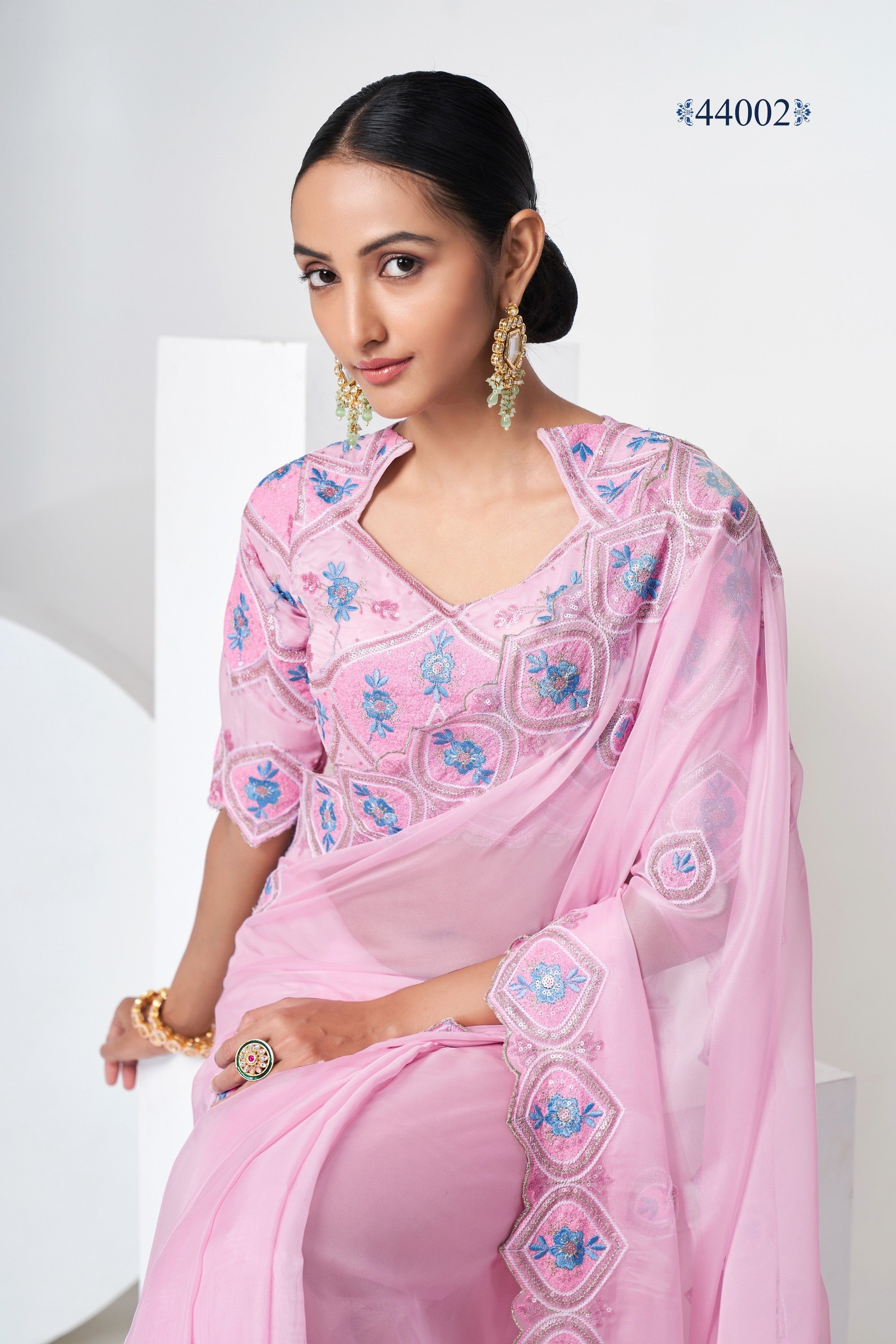 Baby Pink Indian Organza Saree For Indian Festivals & Weddings - Sequence Embroidery Work, Thread Embroidery Work,