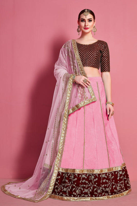 Baby Pink Pakistani Art Silk Lehenga Choli For Indian Festivals & Weddings - Embroidery Work,