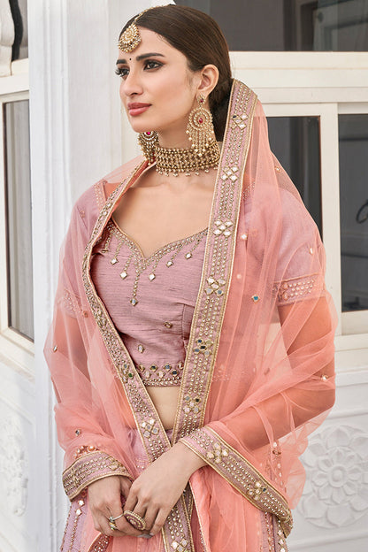 Baby Pink Pakistani Silk Lehenga Choli For Indian Festivals & Weddings - Embroidery Work, Mirror Work, Zari Work, Real Mirror Work, Zarkan Work