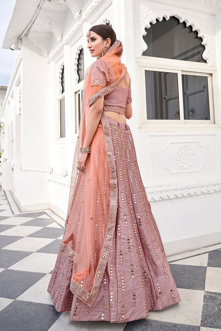 Baby Pink Pakistani Silk Lehenga Choli For Indian Festivals & Weddings - Embroidery Work, Mirror Work, Zari Work, Real Mirror Work, Zarkan Work