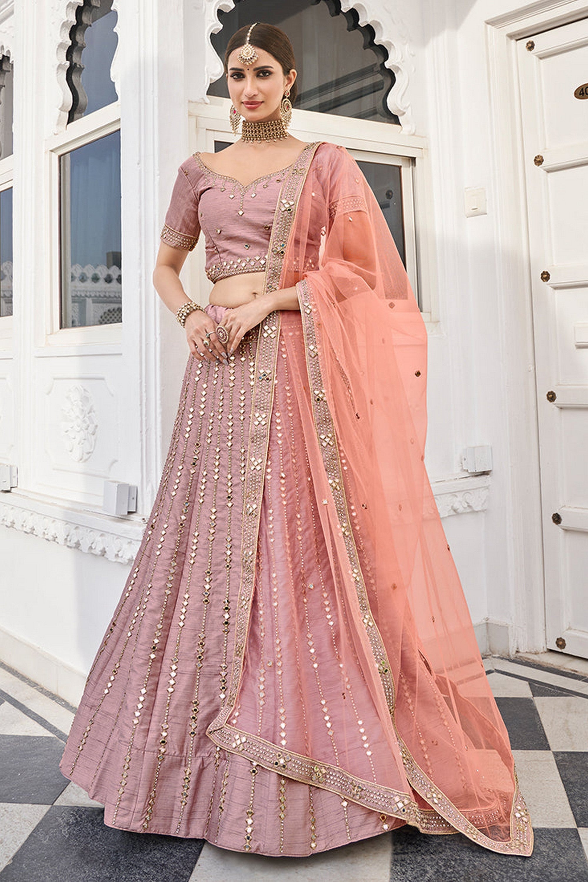 Baby Pink Pakistani Silk Lehenga Choli For Indian Festivals & Weddings - Embroidery Work, Mirror Work, Zari Work, Real Mirror Work, Zarkan Work