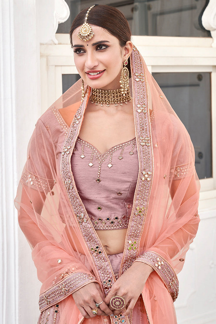 Baby Pink Pakistani Silk Lehenga Choli For Indian Festivals & Weddings - Embroidery Work, Mirror Work, Zari Work, Real Mirror Work, Zarkan Work