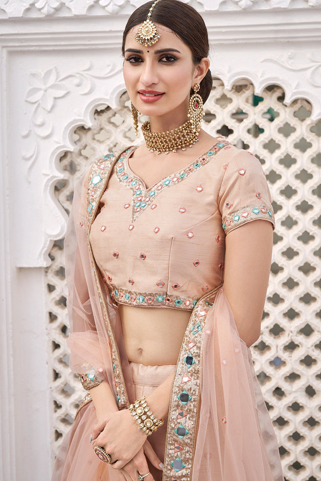 Baby Pink Pakistani Silk Lehenga Choli For Indian Festivals & Weddings - Embroidery Work, Sequence Embroidery Work, Mirror Work, Real Mirror Work