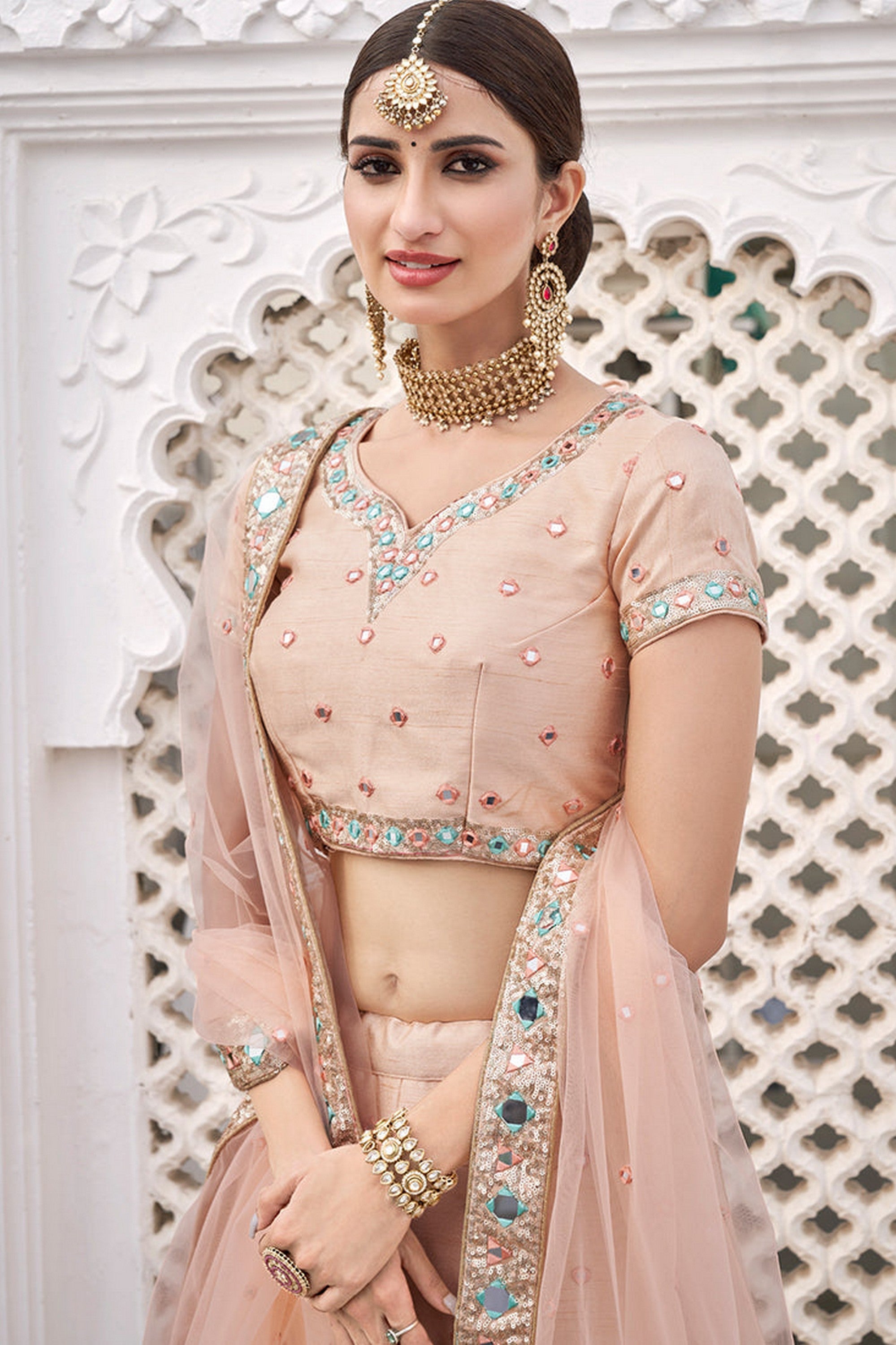 Baby Pink Pakistani Silk Lehenga Choli For Indian Festivals & Weddings - Embroidery Work, Sequence Embroidery Work, Mirror Work, Real Mirror Work