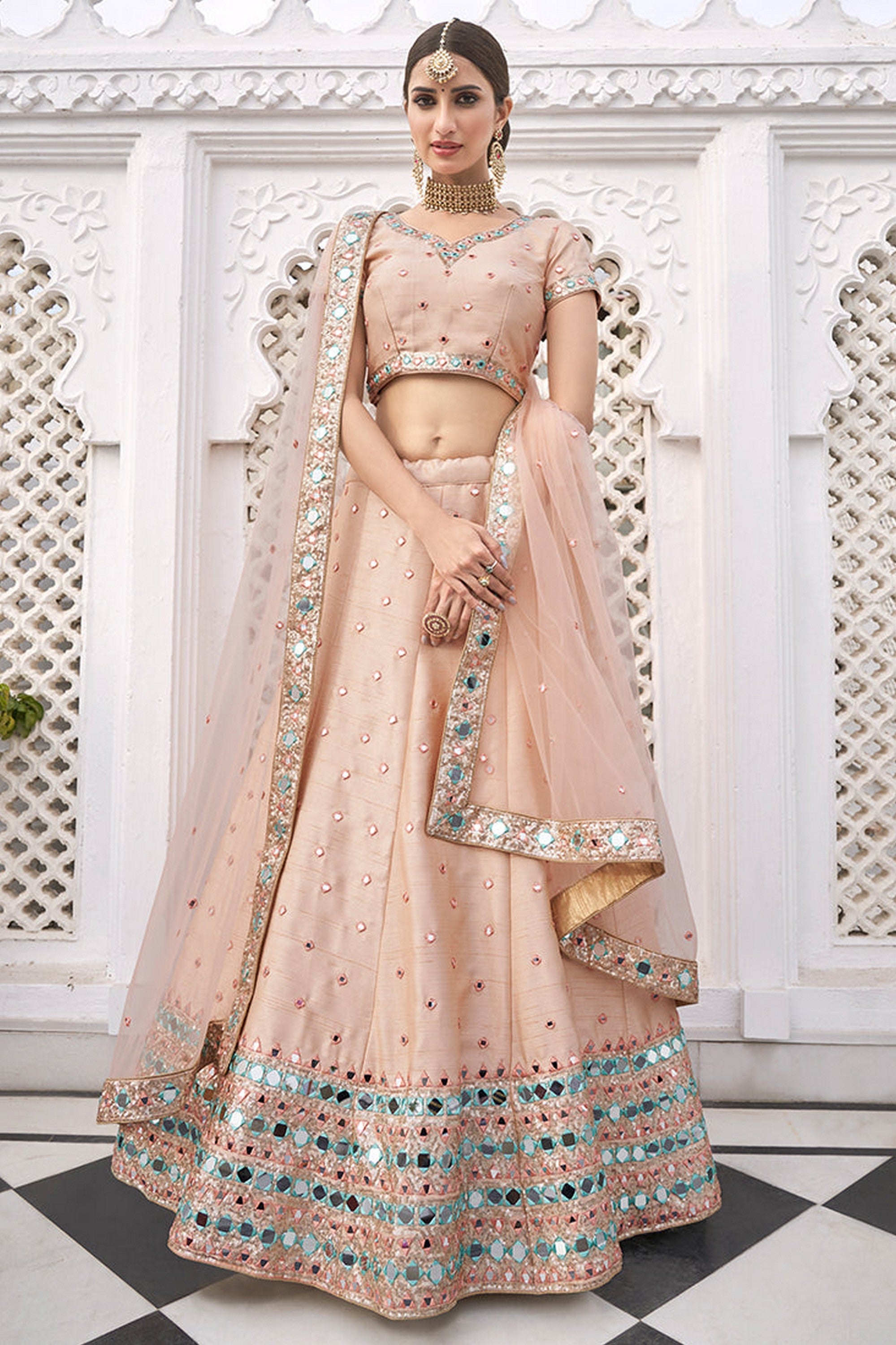 Baby Pink Pakistani Silk Lehenga Choli For Indian Festivals & Weddings - Embroidery Work, Sequence Embroidery Work, Mirror Work, Real Mirror Work