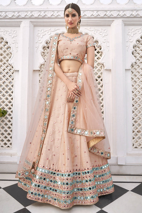 Baby Pink Pakistani Silk Lehenga Choli For Indian Festivals & Weddings - Embroidery Work, Sequence Embroidery Work, Mirror Work, Real Mirror Work