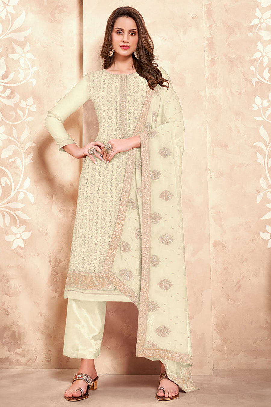 Beige Pakistani Georgette Salwar Kameez For Indian Festivals & Weddings - Sequence Embroidery Work, Thread Embroidery Work, Zari Work