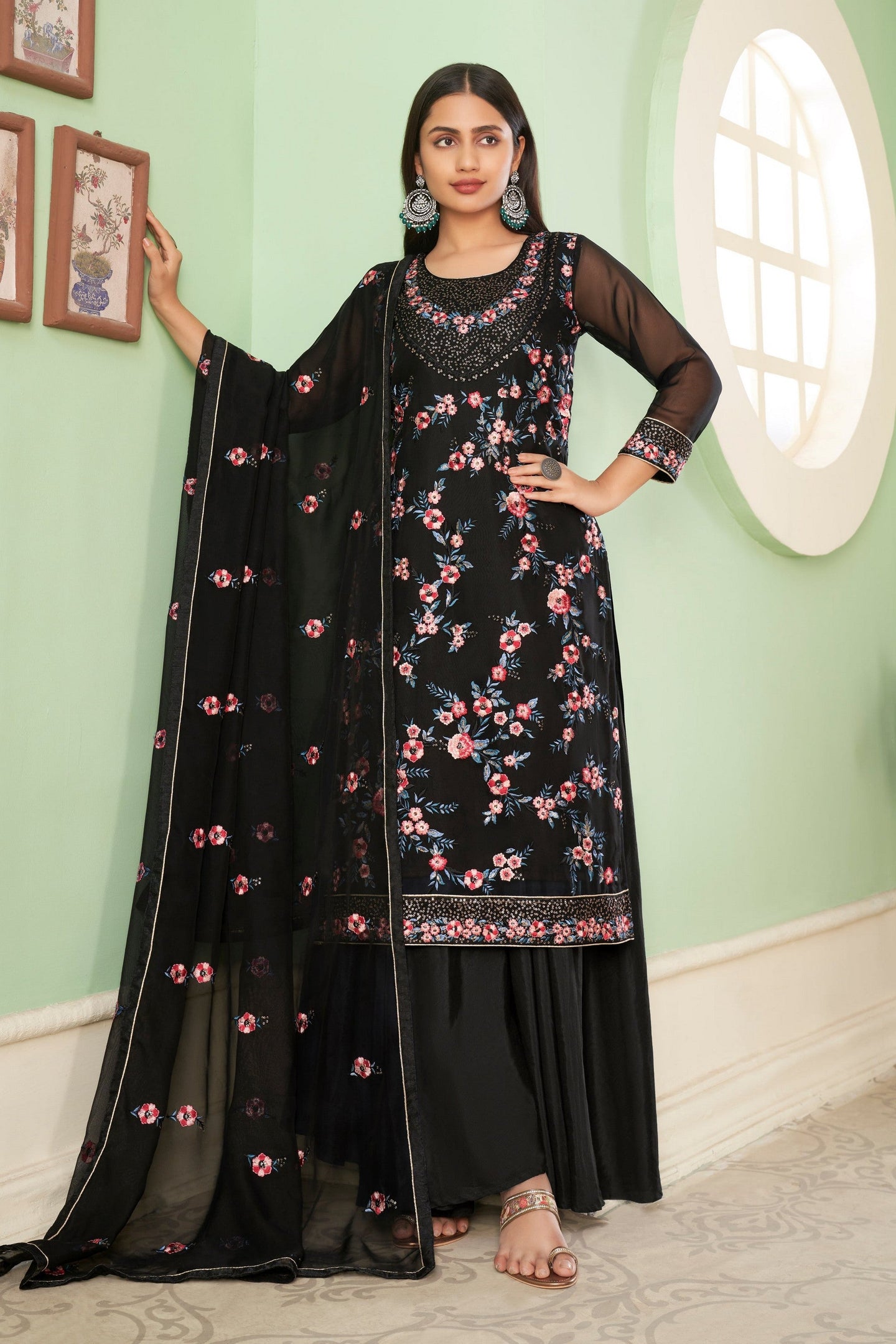 Black Pakistani Georgette Plazo For Indian Festivals & Weddings - Sequence Embroidery Work, Thread Embroidery Work,