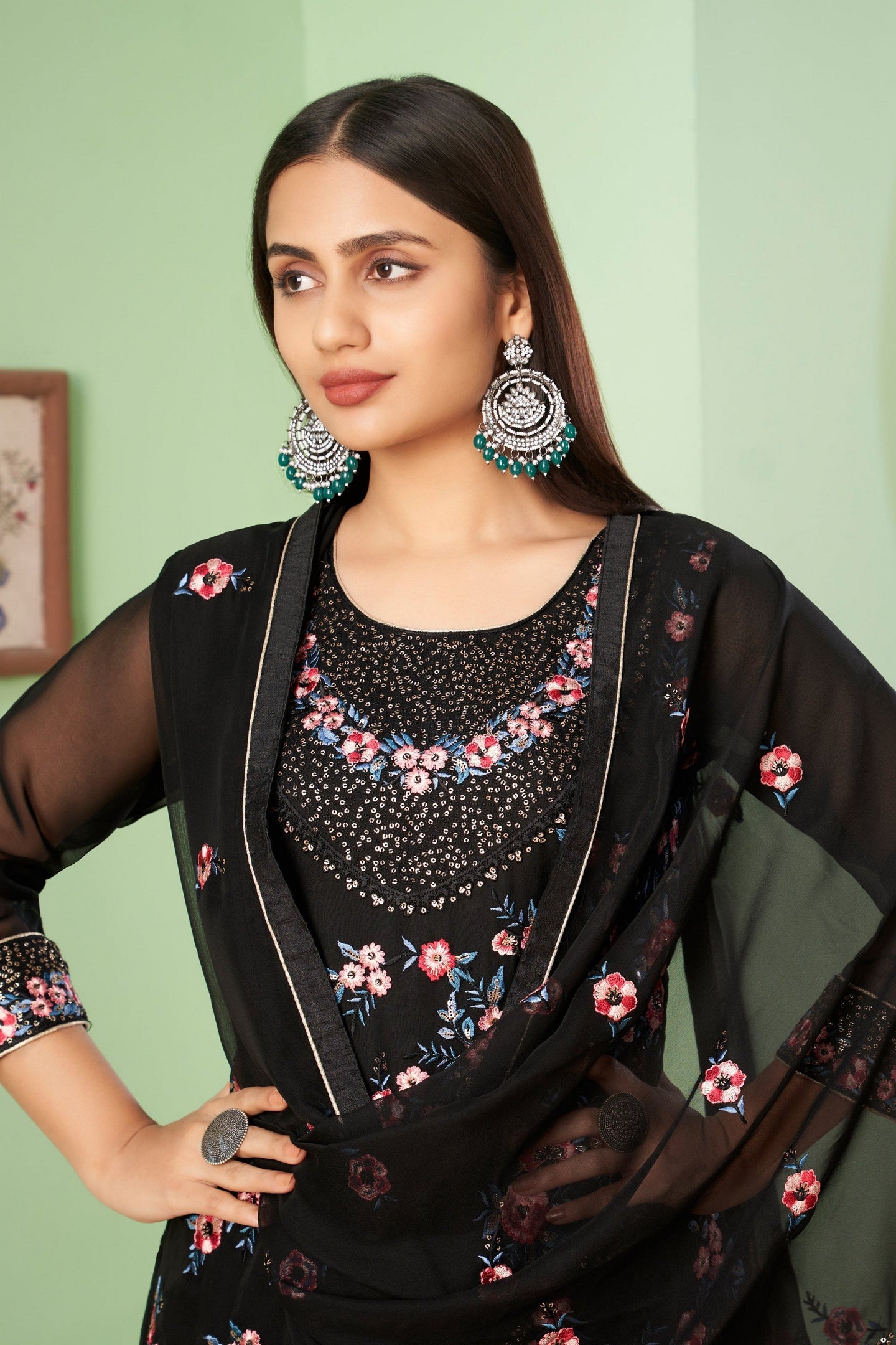 Black Pakistani Georgette Plazo For Indian Festivals & Weddings - Sequence Embroidery Work, Thread Embroidery Work,