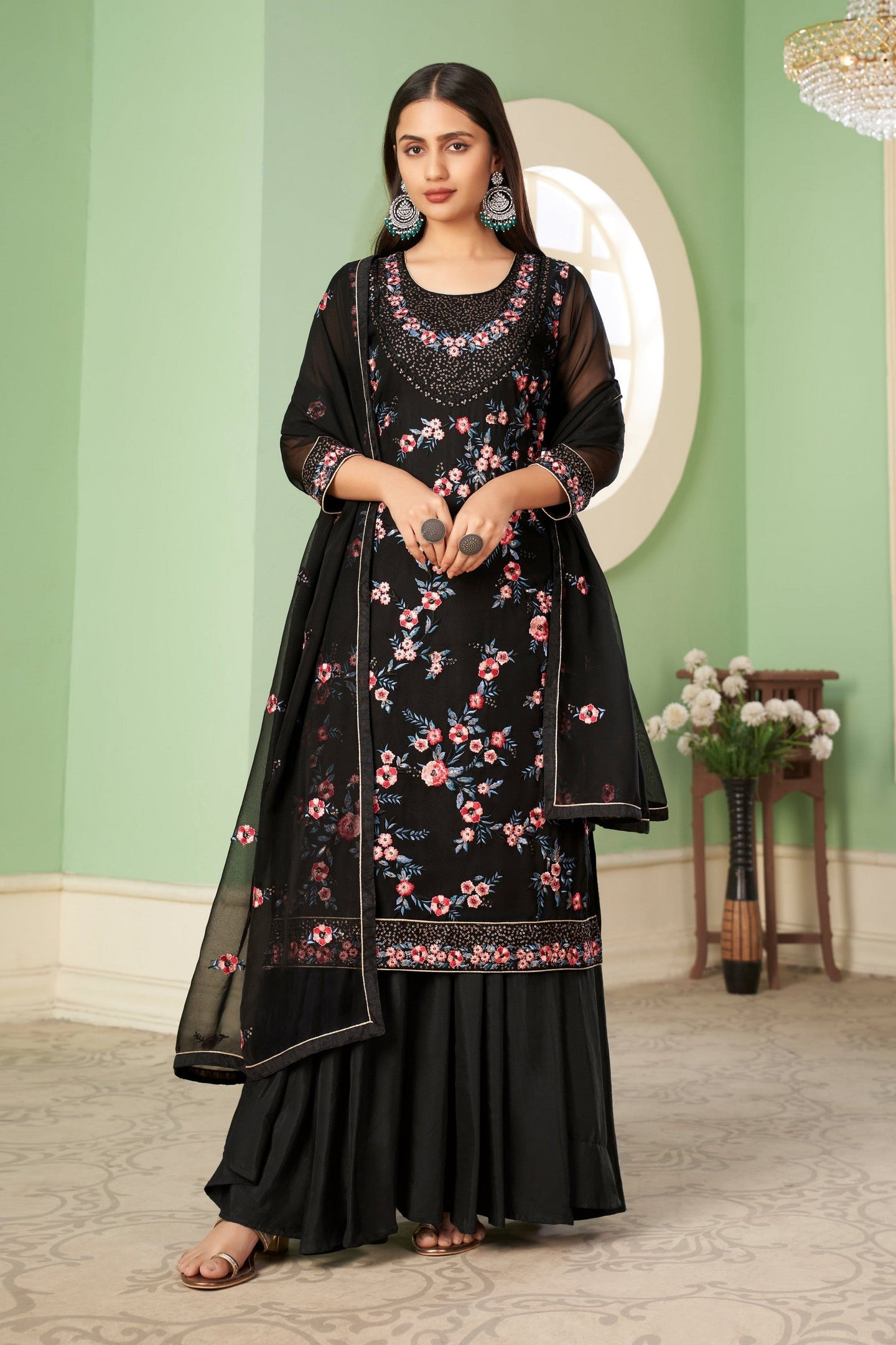 Black Pakistani Georgette Plazo For Indian Festivals & Weddings - Sequence Embroidery Work, Thread Embroidery Work,