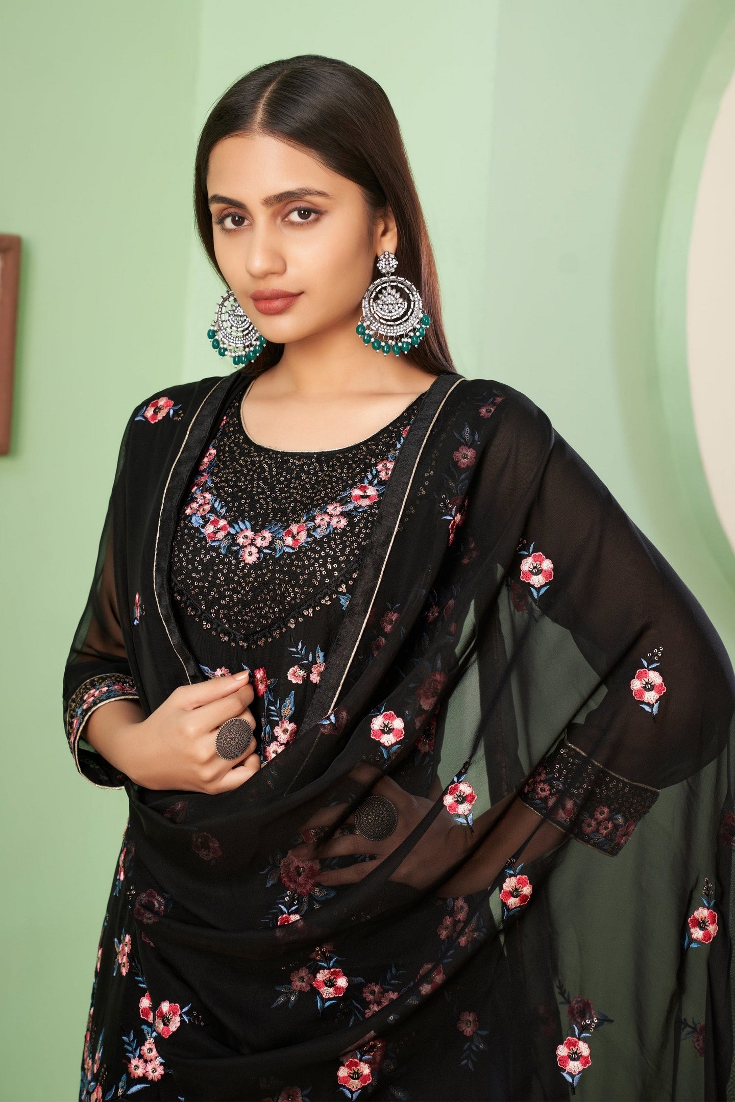 Black Pakistani Georgette Plazo For Indian Festivals & Weddings - Sequence Embroidery Work, Thread Embroidery Work,