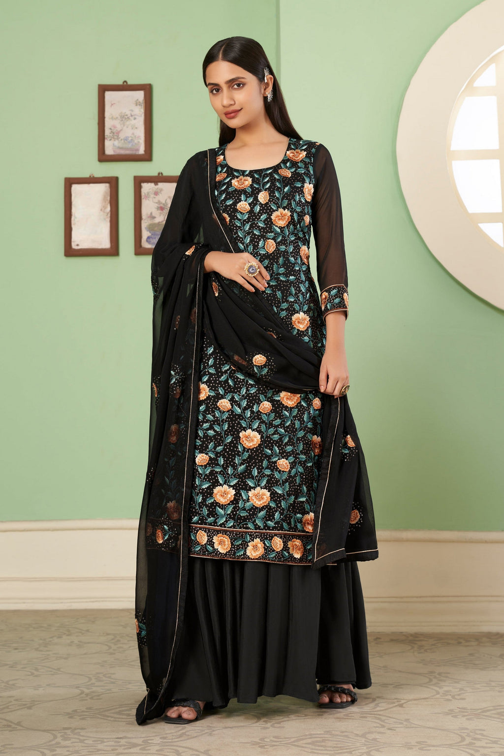 Black Pakistani Georgette Plazo For Indian Festivals & Weddings - Sequence Embroidery Work, Thread Embroidery Work,