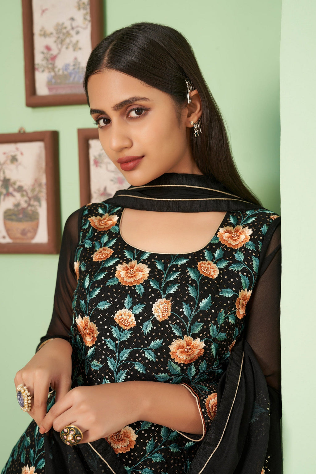 Black Pakistani Georgette Plazo For Indian Festivals & Weddings - Sequence Embroidery Work, Thread Embroidery Work,