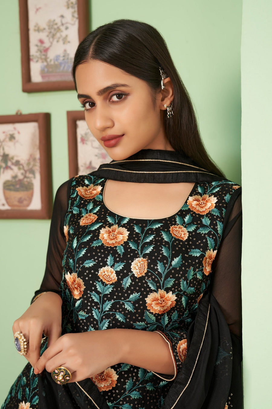 Black Pakistani Georgette Plazo For Indian Festivals & Weddings - Sequence Embroidery Work, Thread Embroidery Work,