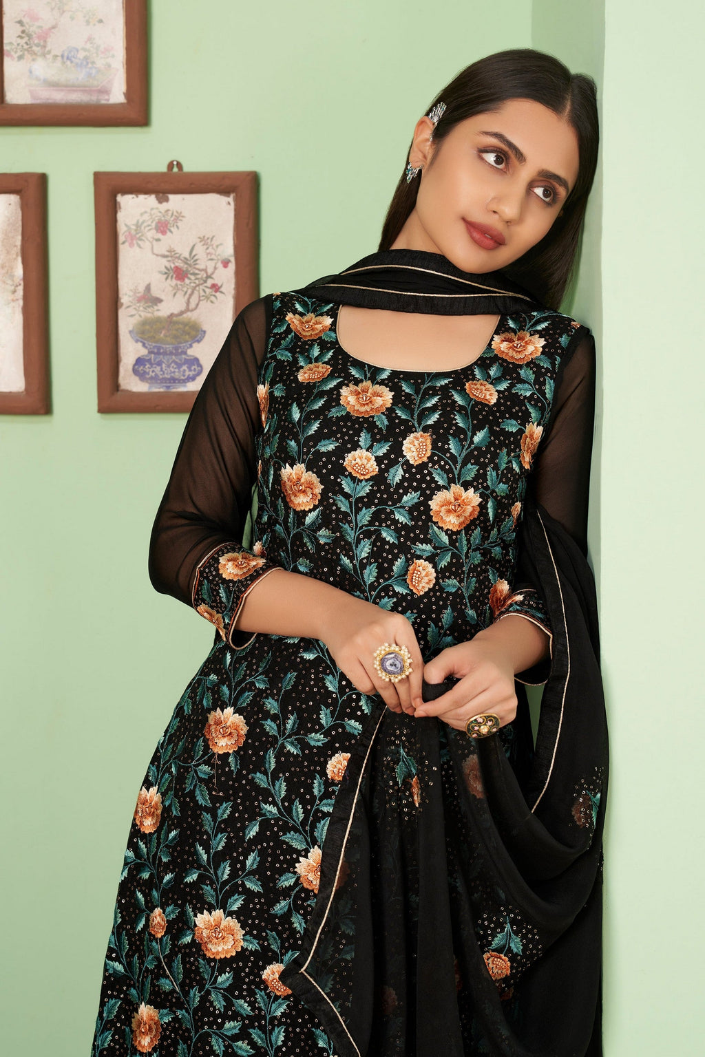 Black Pakistani Georgette Plazo For Indian Festivals & Weddings - Sequence Embroidery Work, Thread Embroidery Work,