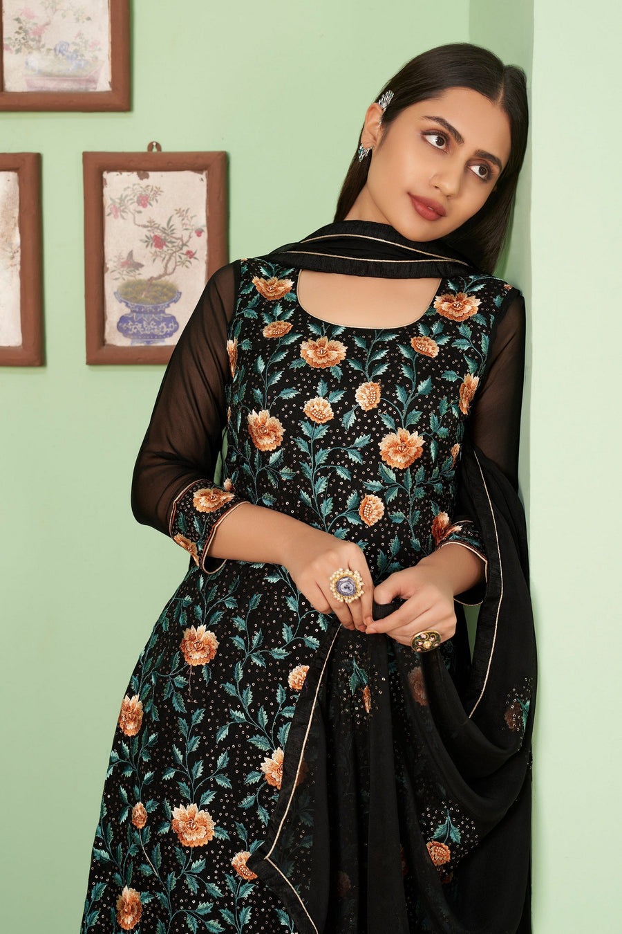 Black Pakistani Georgette Plazo For Indian Festivals & Weddings - Sequence Embroidery Work, Thread Embroidery Work,