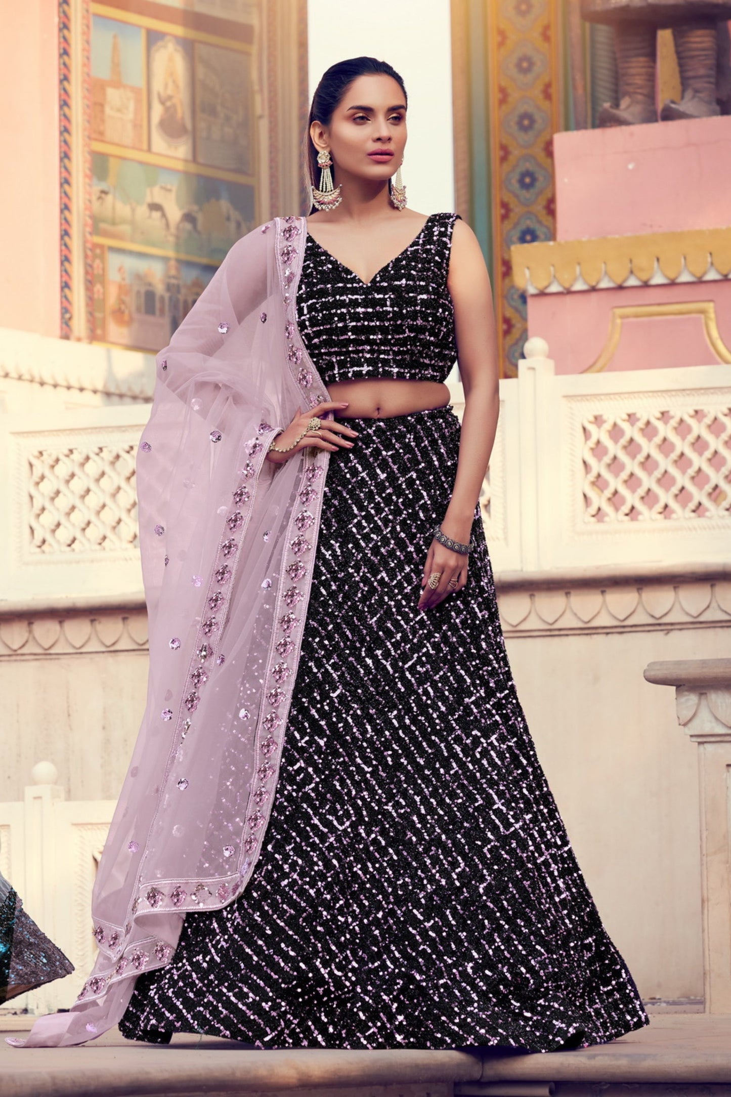 Black Pakistani Fur Imported Lehenga Choli For Indian Festival & Weddings - Sequence Embroidery Work,