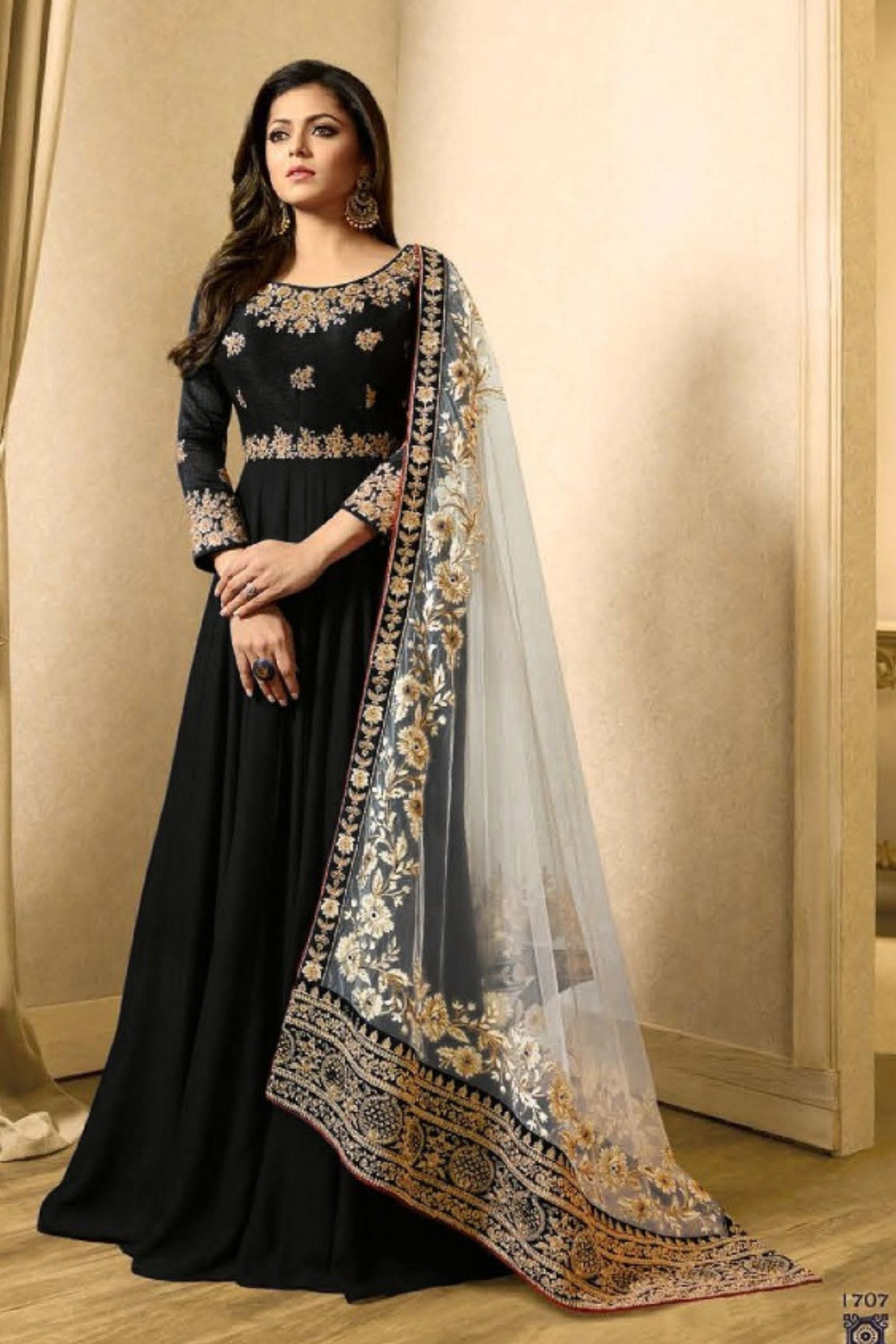 Black Pakistani Georgette Anarkali Gown For Wedding & Festival - Embroidery Work