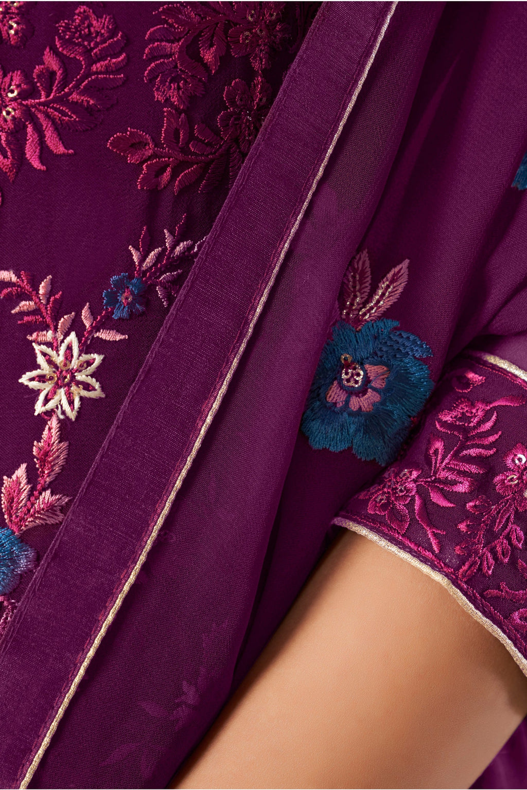 Purple Pakistani Georgette Plazo For Indian Festivals & Weddings - Sequence Embroidery Work, Thread Embroidery Work