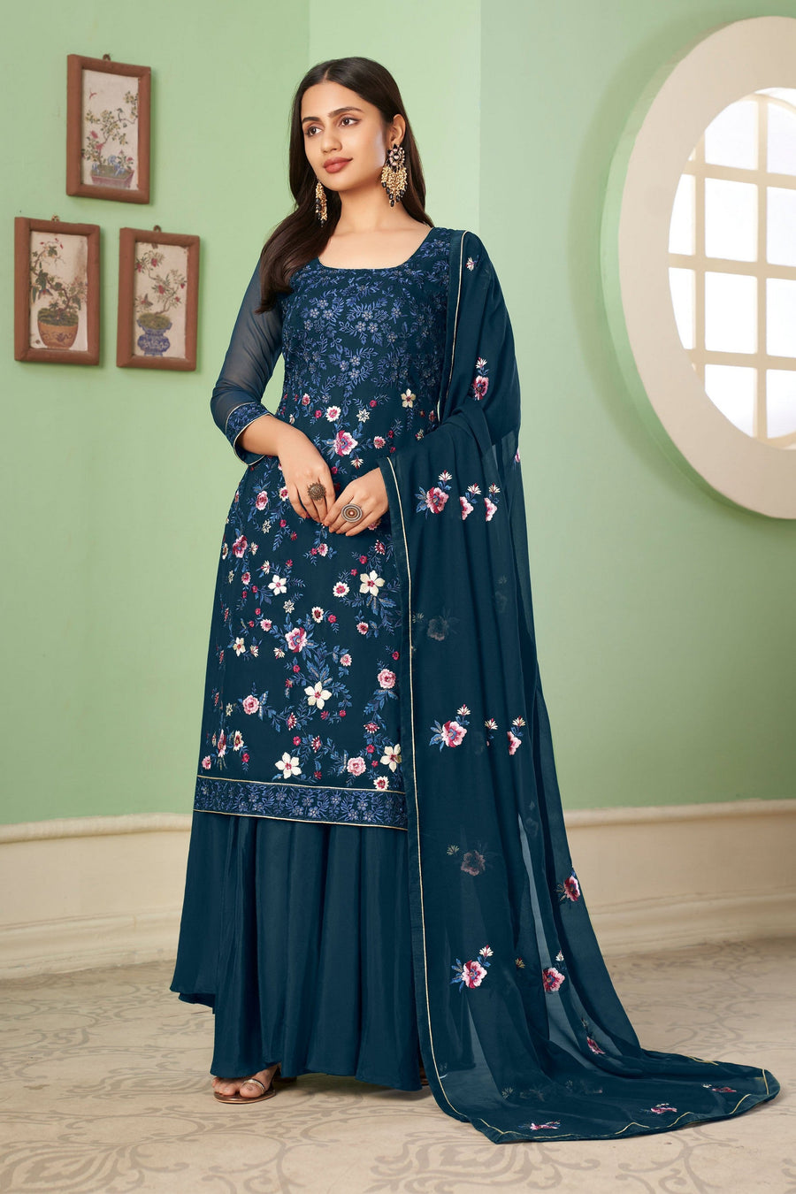 Blue Pakistani Georgette Plazo For Indian Festivals & Weddings - Sequence Embroidery Work, Thread Embroidery Work