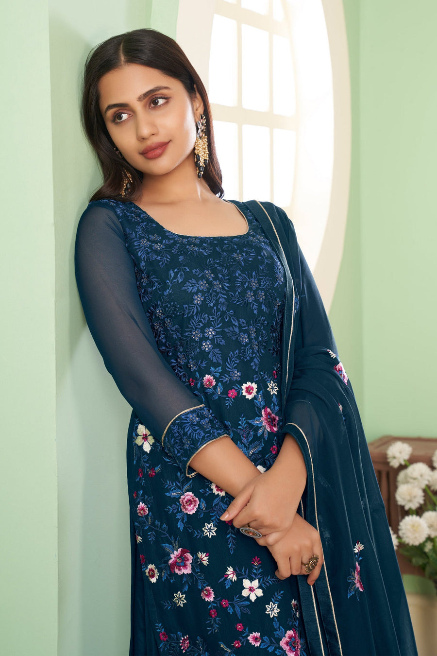 Blue Pakistani Georgette Plazo For Indian Festivals & Weddings - Sequence Embroidery Work, Thread Embroidery Work