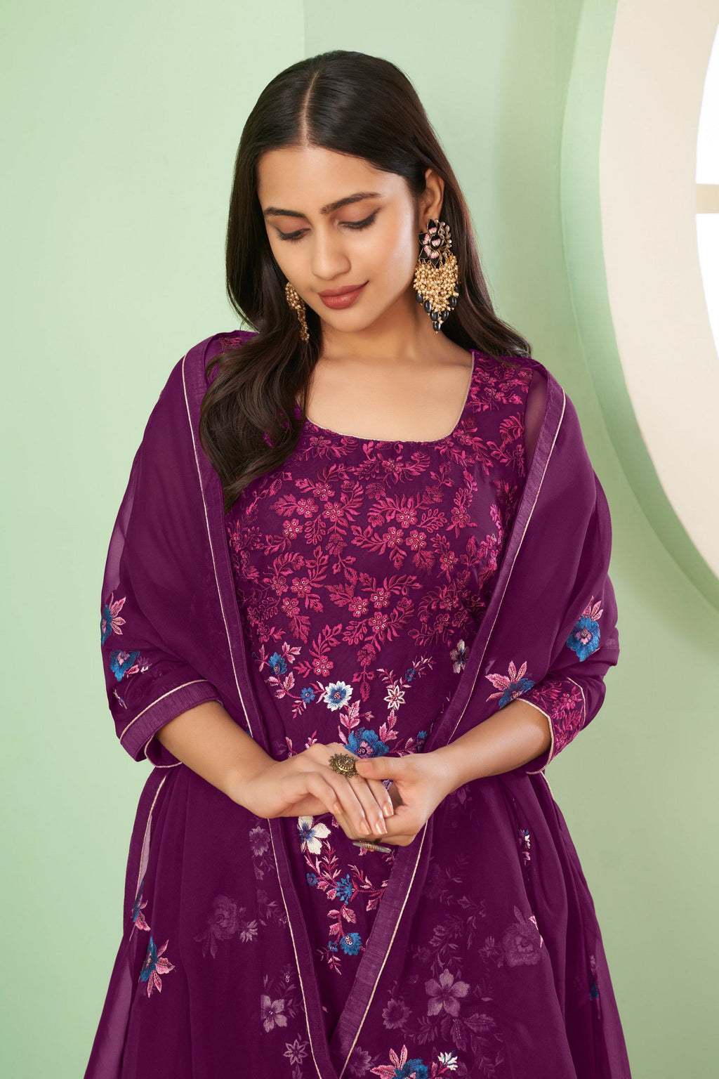 Purple Pakistani Georgette Plazo For Indian Festivals & Weddings - Sequence Embroidery Work, Thread Embroidery Work