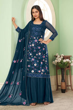 Blue Georgette Plazo Dress For Indian Ladies Festivals & Weddings - Sequence Embroidery Work, Thread Embroidery Work