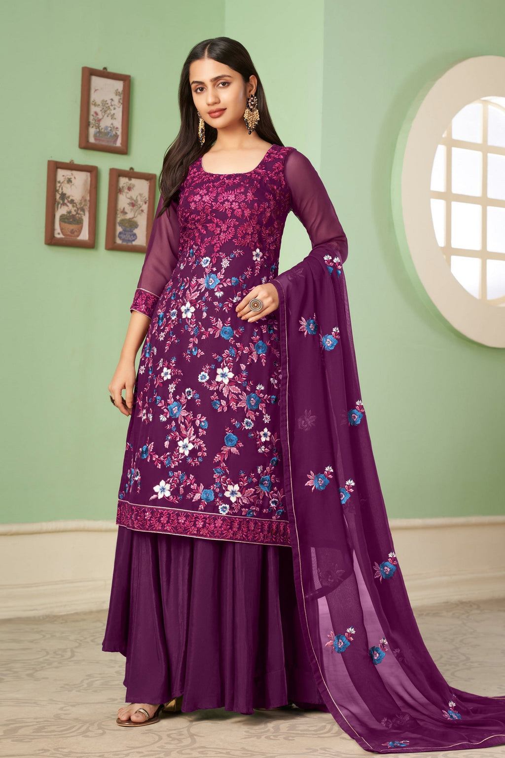 Purple Pakistani Georgette Plazo For Indian Festivals & Weddings - Sequence Embroidery Work, Thread Embroidery Work