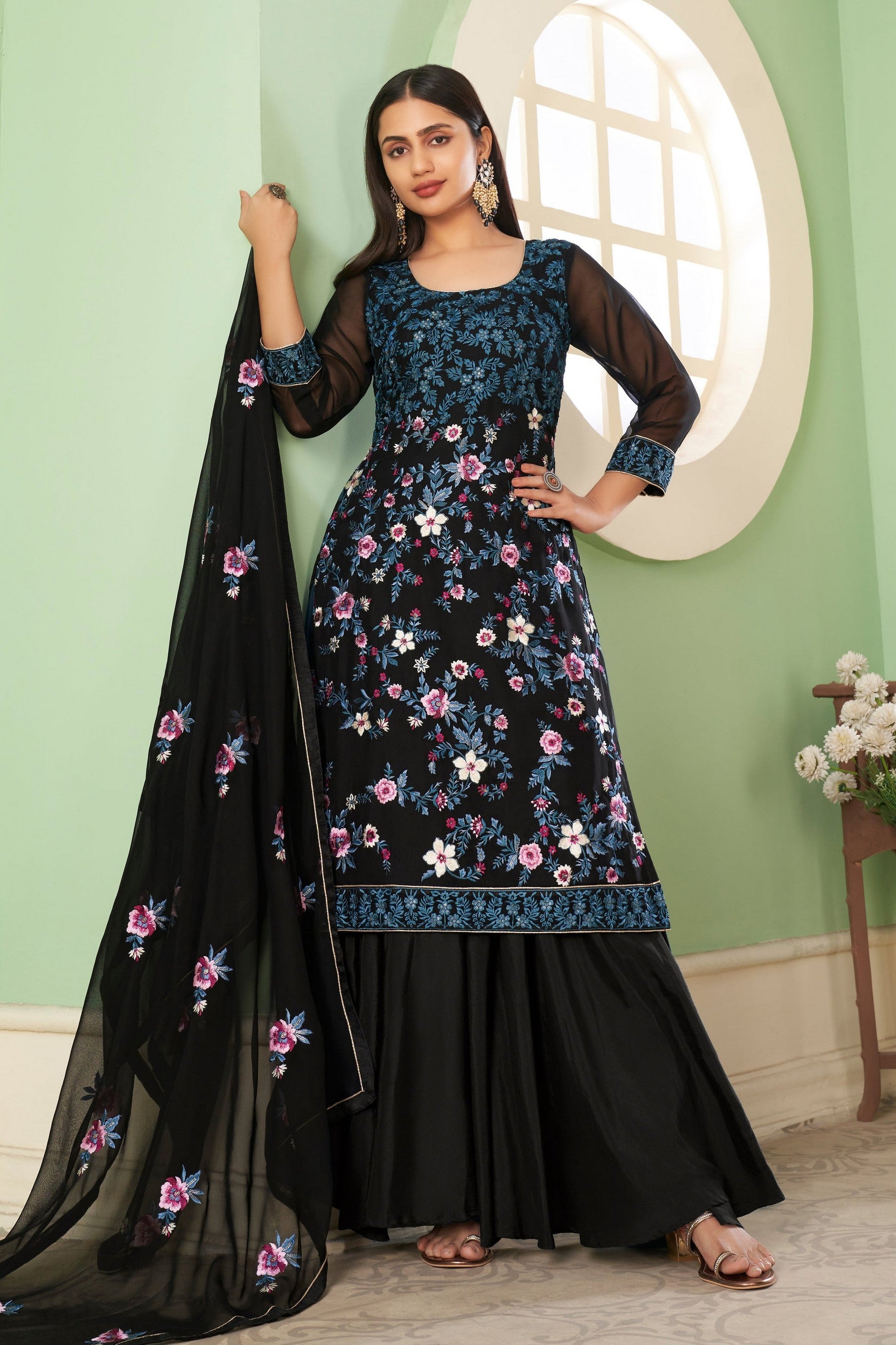 Fancy Black Embroidery NET Dress Sequence Embroidery Work