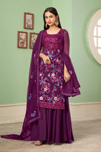 Purple Pakistani Georgette Plazo For Indian Festivals & Weddings - Sequence Embroidery Work, Thread Embroidery Work