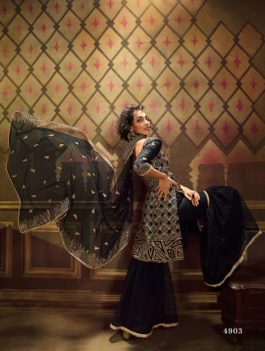 Black Pakistani Net Sharara For Festivals & Indian Weddings - Sequence Embroidery Work,