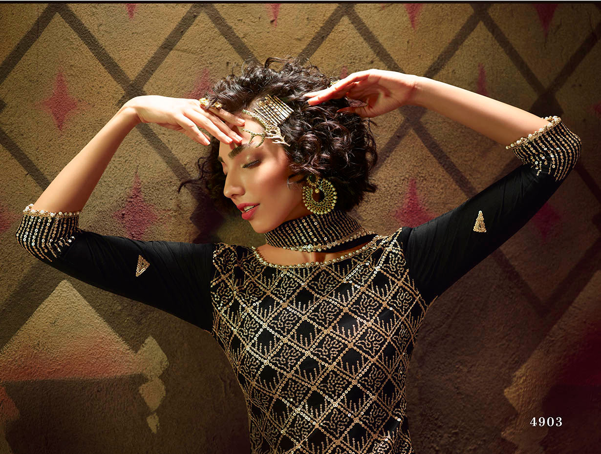 Black Pakistani Net Sharara For Festivals & Indian Weddings - Sequence Embroidery Work,