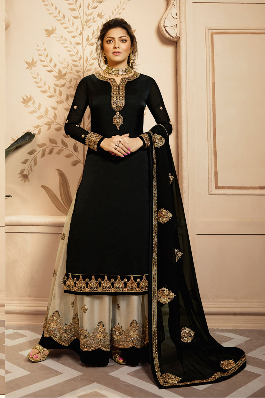 Black Pakistani Satin Georgette Salwar Kameez Plazo For Wedding & Festival - Embroidery Work