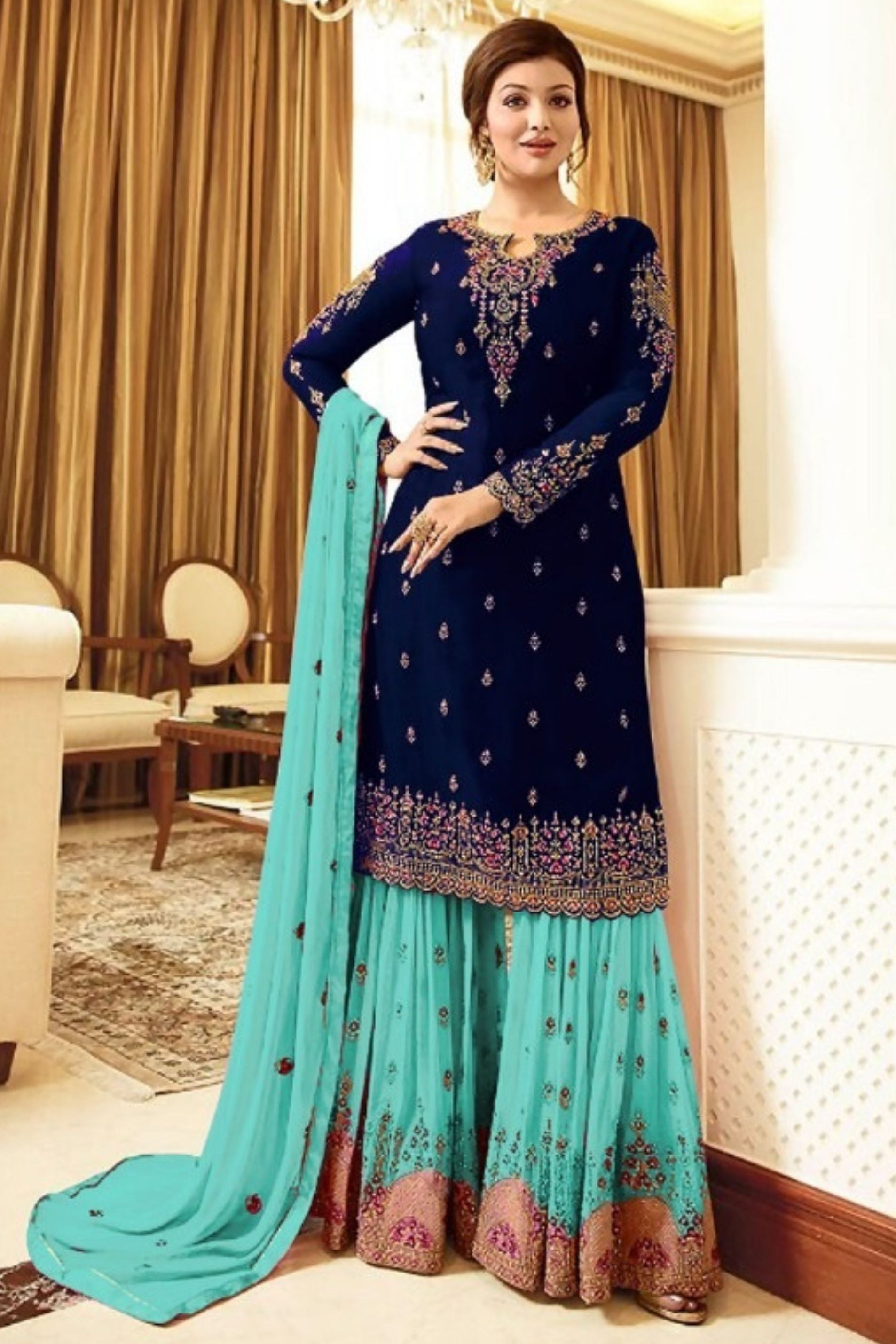 Blue Pakistani Georgette Plazo For Wedding & Festival - Embroidery Work