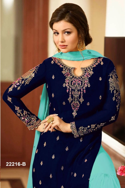 Blue Pakistani Georgette Plazo For Wedding & Festival - Embroidery Work