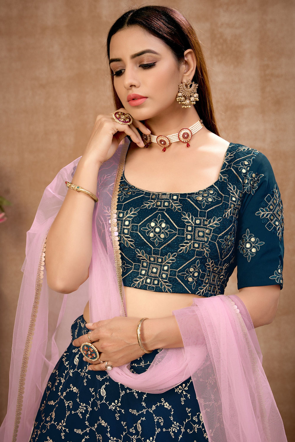 Blue Pakistani Georgette Lehenga Choli For Indian Festivals & Weddings - Thread Embroidery Work, Foil Mirror Work,