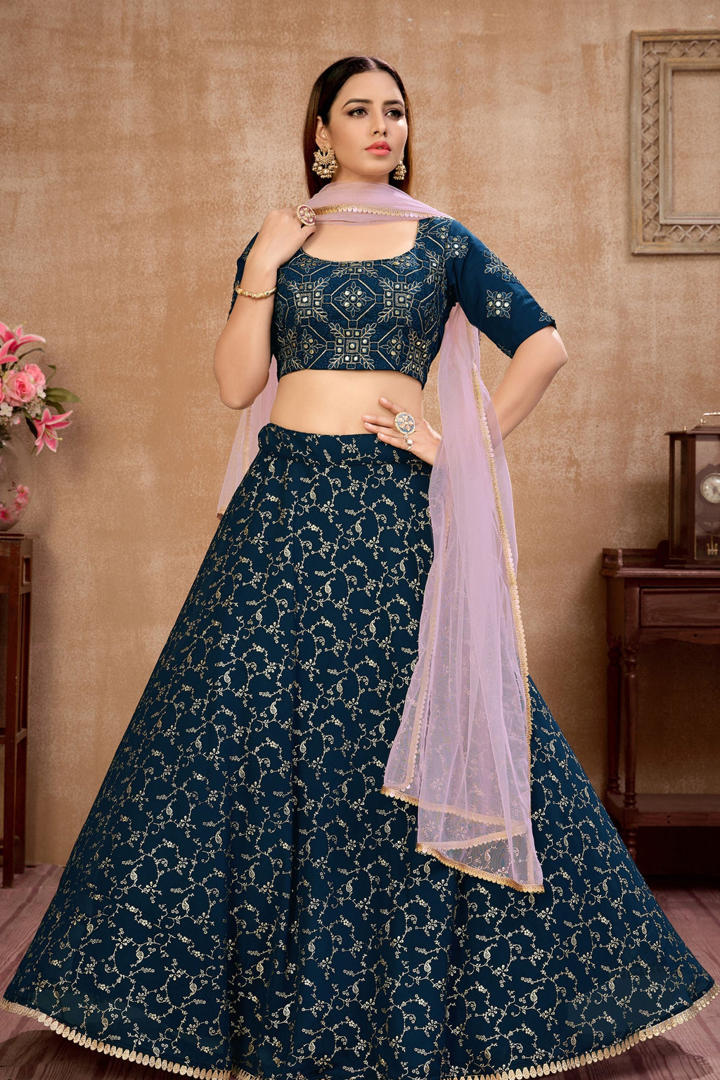 Blue Pakistani Georgette Lehenga Choli For Indian Festivals & Weddings - Thread Embroidery Work, Foil Mirror Work,