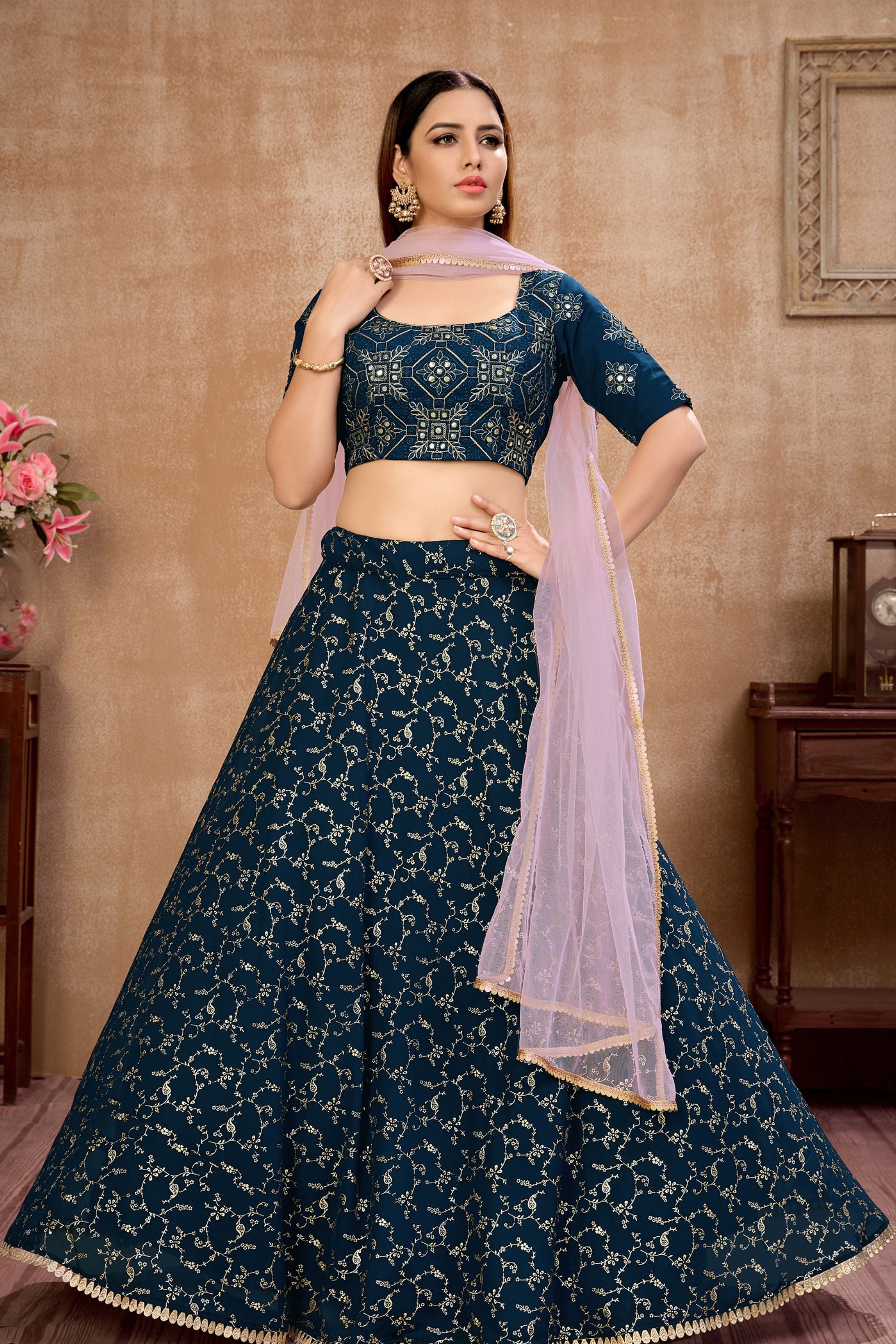 Blue Pakistani Georgette Lehenga Choli For Indian Festivals & Weddings - Thread Embroidery Work, Foil Mirror Work,