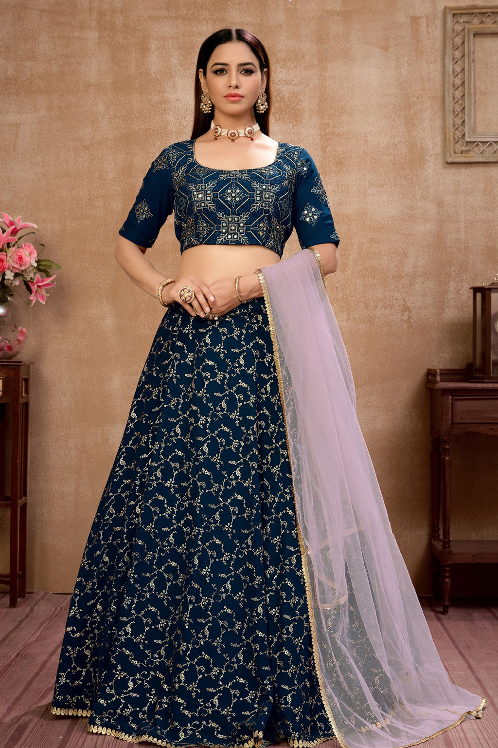 Blue Pakistani Georgette Lehenga Choli For Indian Festivals & Weddings - Thread Embroidery Work, Foil Mirror Work,