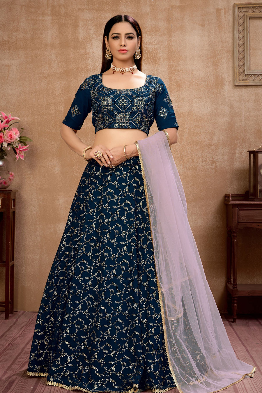 Blue Pakistani Georgette Lehenga Choli For Indian Festivals & Weddings - Thread Embroidery Work, Foil Mirror Work,
