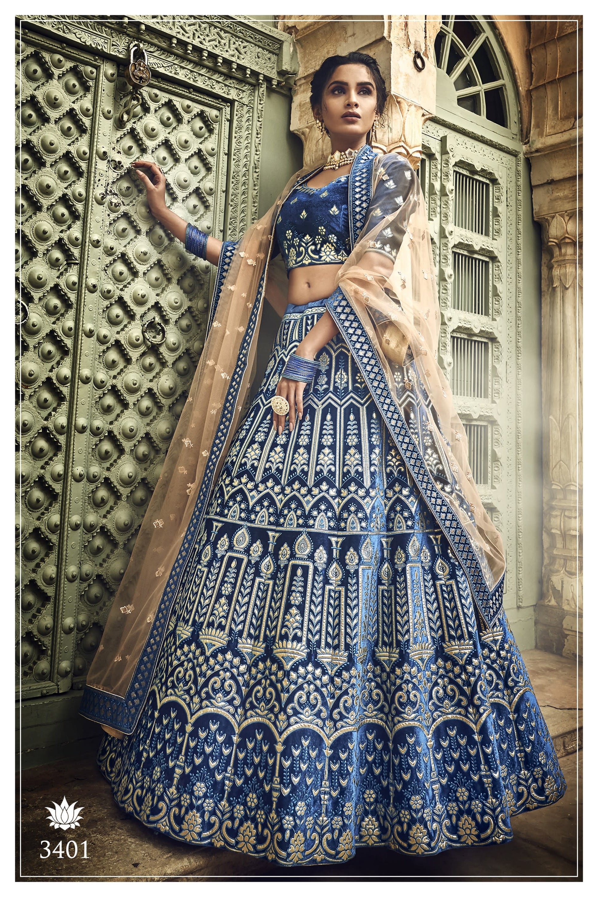 Blue Pakistani Velvet Lehenga Choli For Indian Festivals & Weddings - Thread Embroidery Work, Zari Work