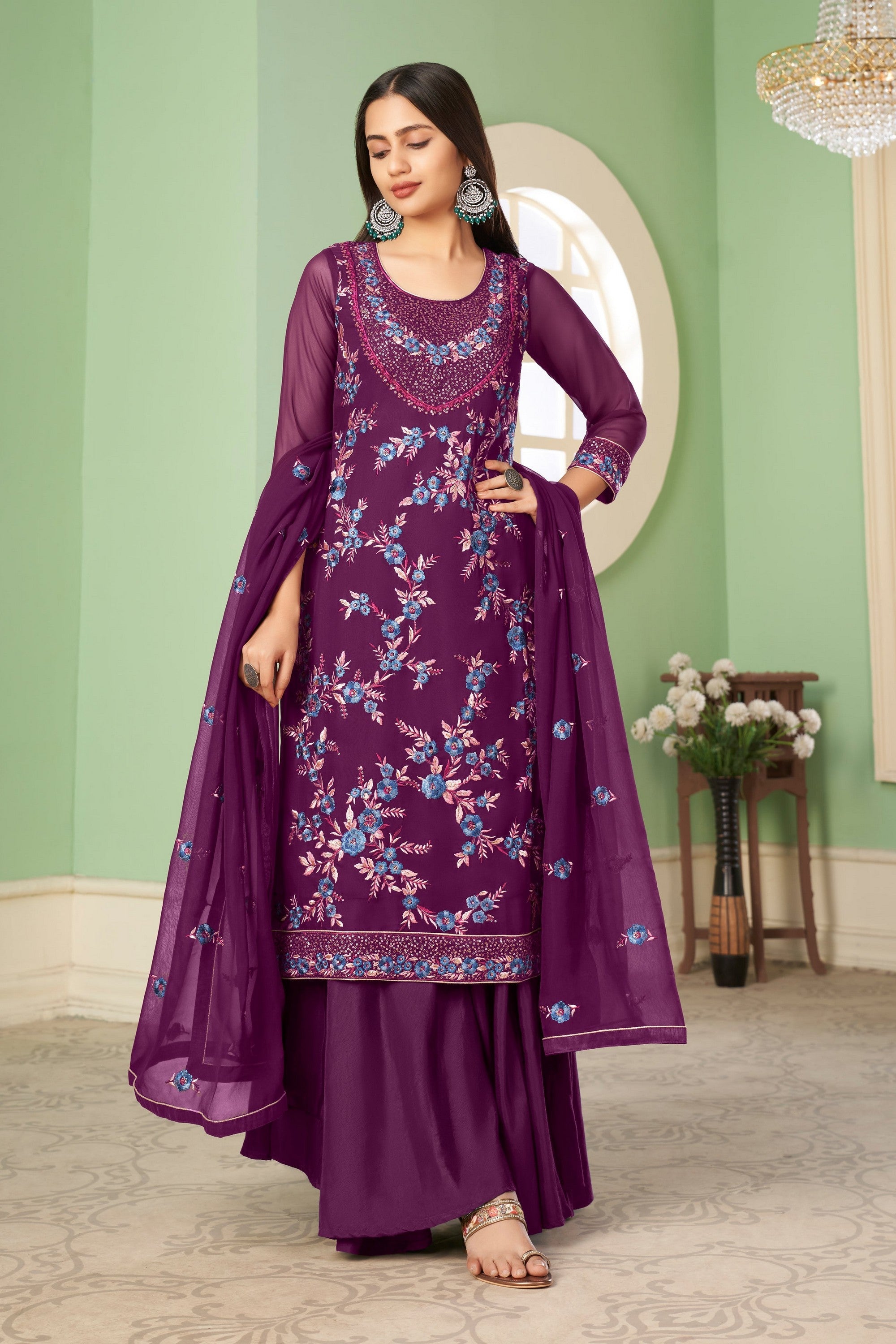 Purple Pakistani Georgette Plazo For Indian Festivals & Weddings - Sequence Embroidery Work, Thread Embroidery Work,