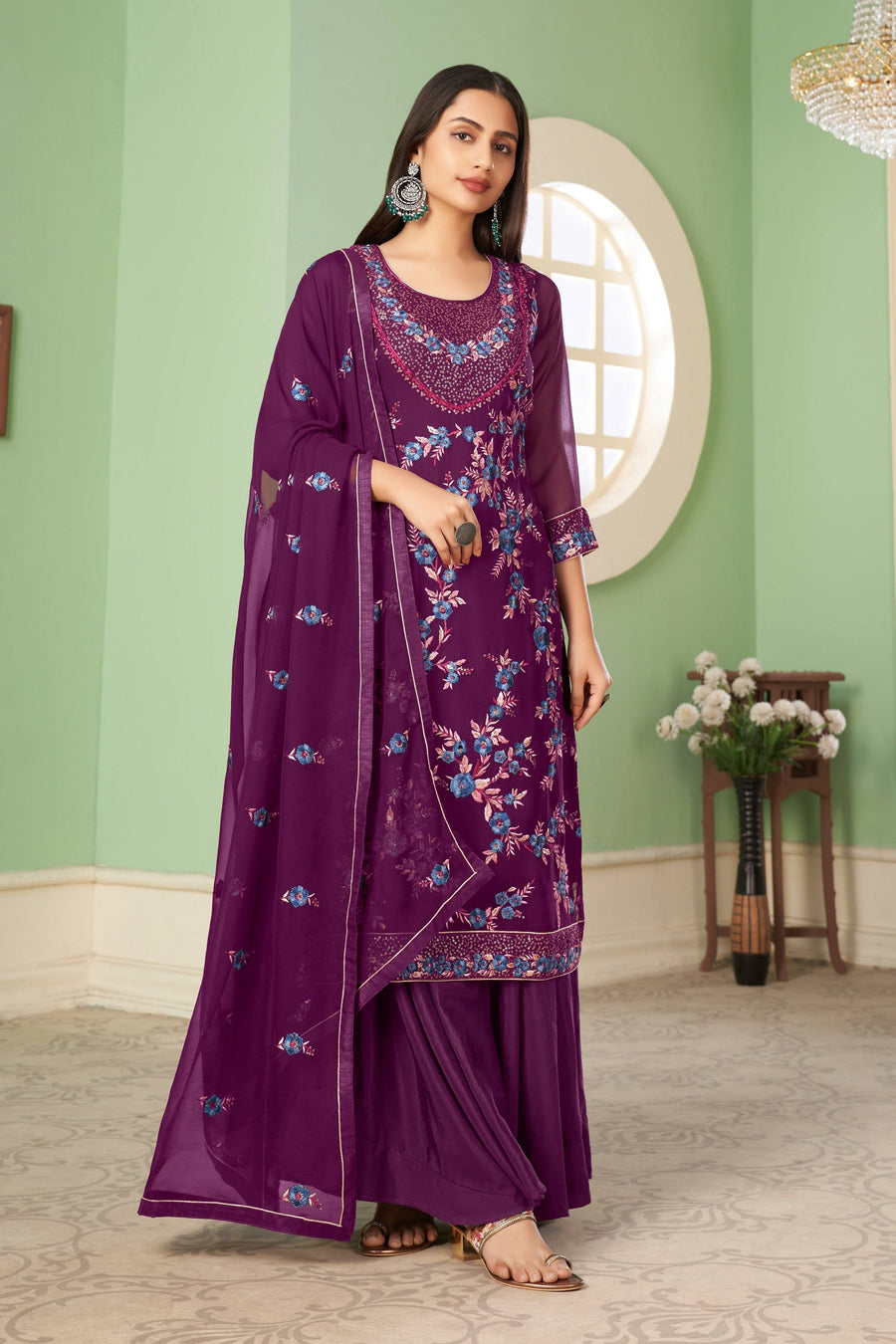 Purple Pakistani Georgette Plazo For Indian Festivals & Weddings - Sequence Embroidery Work, Thread Embroidery Work,