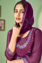 Purple Pakistani Georgette Plazo For Indian Festivals & Weddings - Sequence Embroidery Work, Thread Embroidery Work,