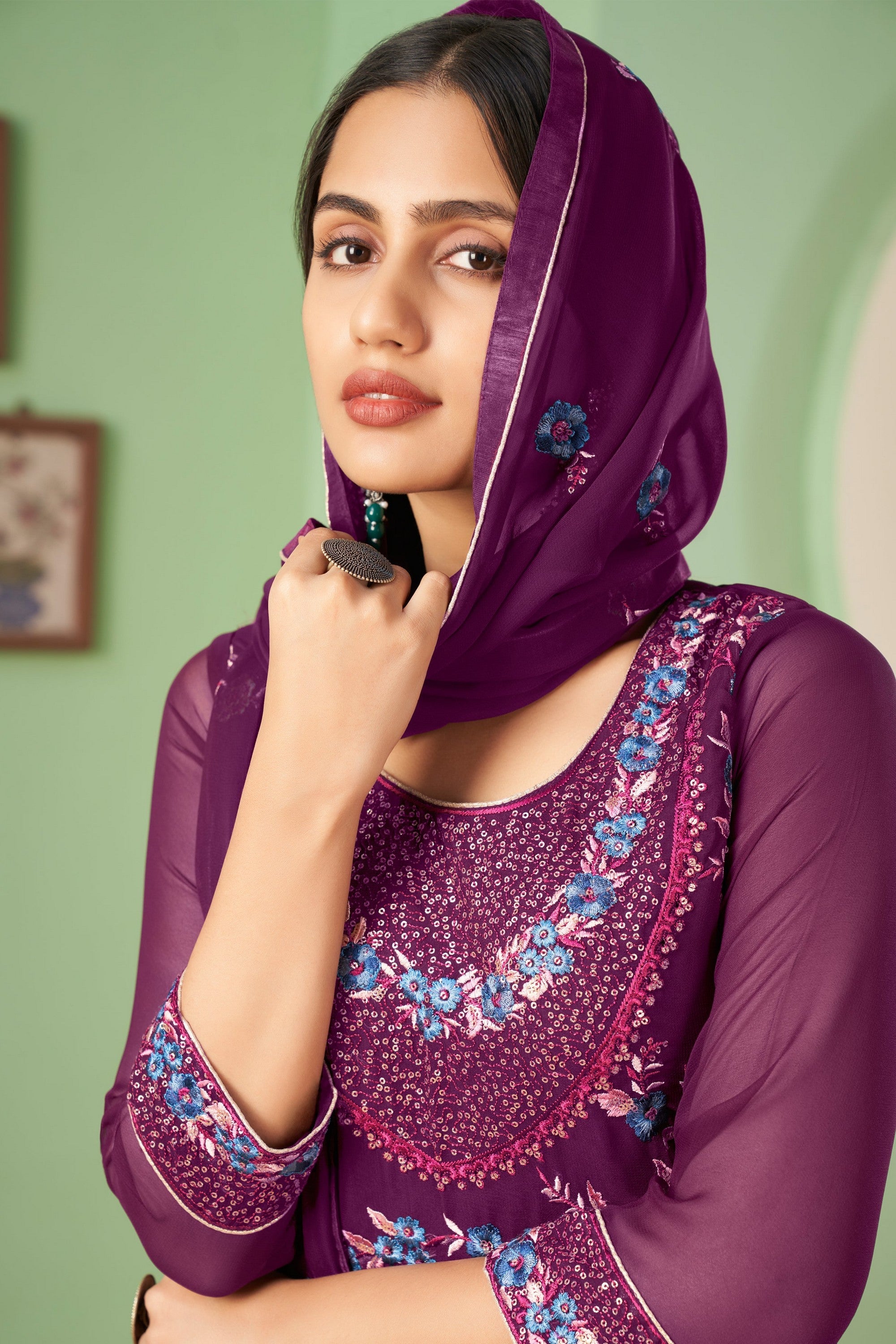 Purple Pakistani Georgette Plazo For Indian Festivals & Weddings - Sequence Embroidery Work, Thread Embroidery Work,