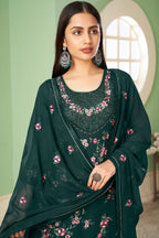 Green Pakistani Georgette Plazo For Indian Festivals & Weddings - Sequence Embroidery Work, Thread Embroidery Work,