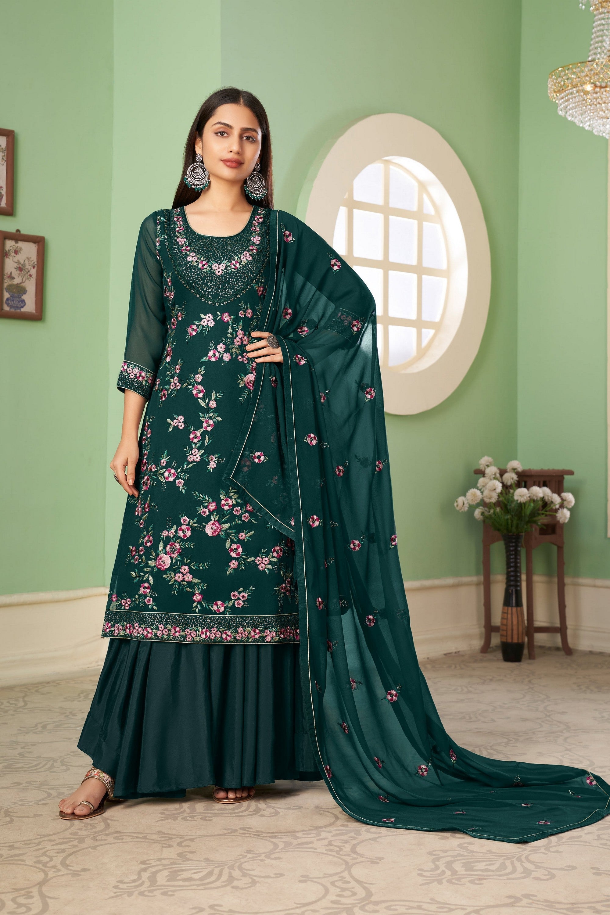 Green Pakistani Georgette Plazo For Indian Festivals & Weddings - Sequence Embroidery Work, Thread Embroidery Work,