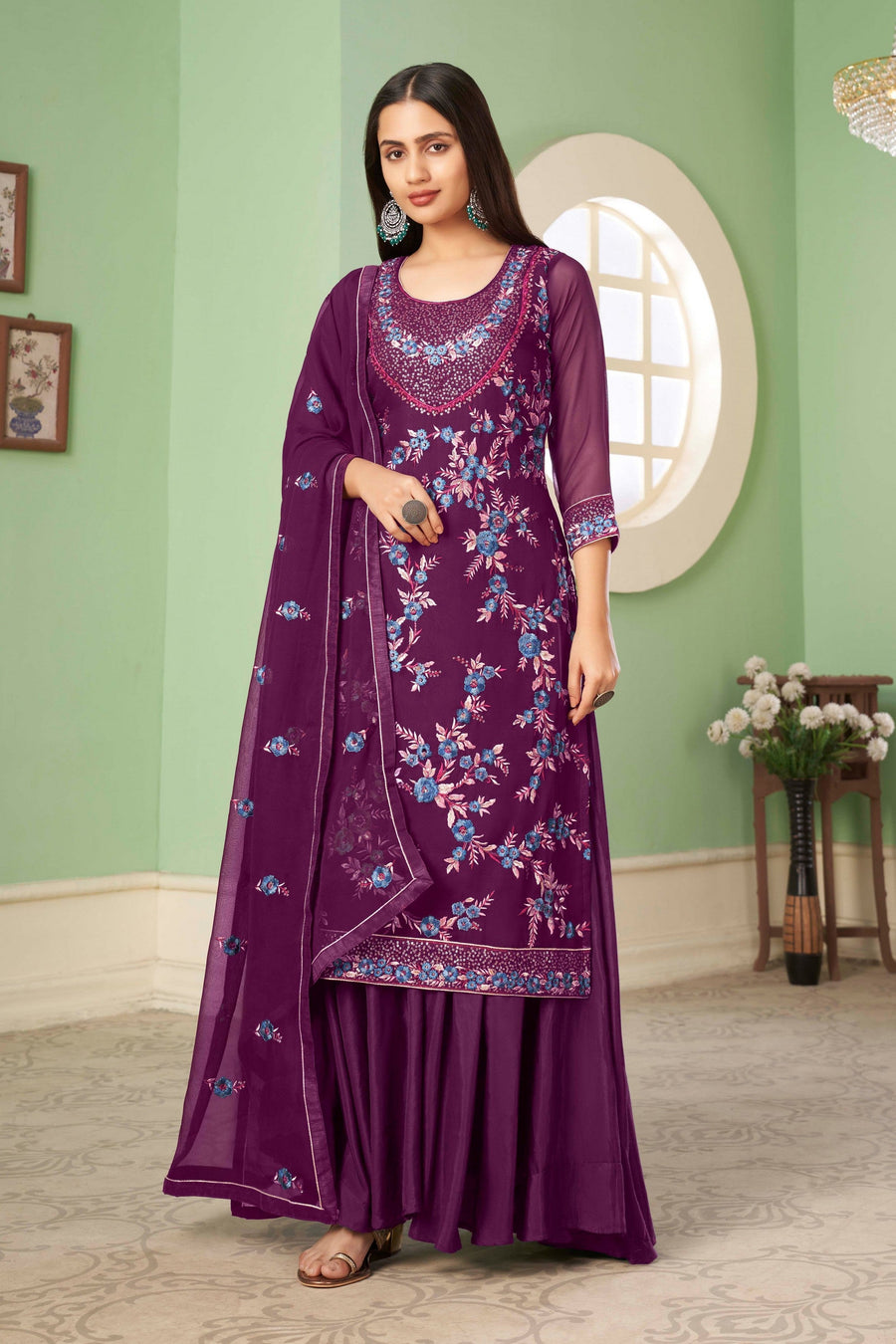 Purple Pakistani Georgette Plazo For Indian Festivals & Weddings - Sequence Embroidery Work, Thread Embroidery Work,