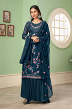 Blue Pakistani Georgette Plazo For Indian Festivals & Weddings - Sequence Embroidery Work, Thread Embroidery Work,