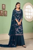 Blue Pakistani Georgette Plazo For Indian Festivals & Weddings - Sequence Embroidery Work, Thread Embroidery Work,